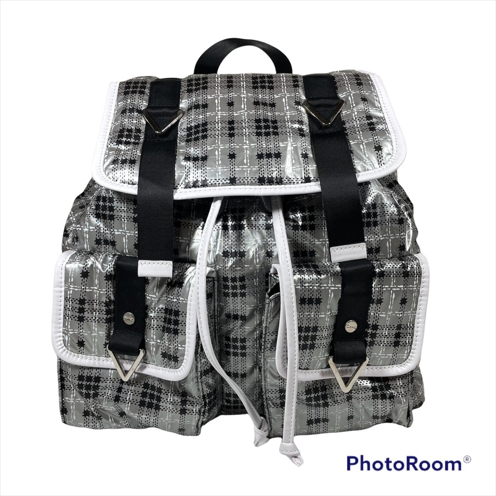 Sam Edelman silver plaid design backpack with white straps